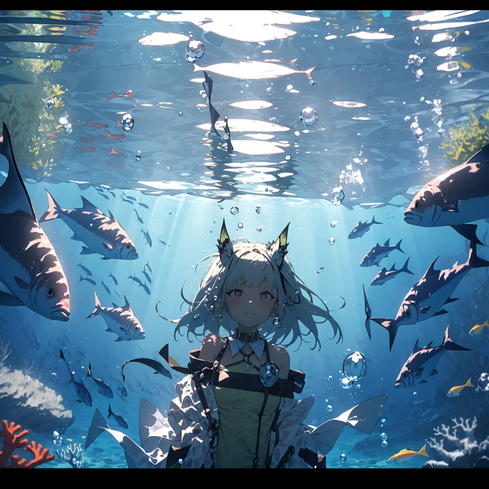1girl, solo, fish, underwater,looking at viewer, bubble, bangs, coral, , sunlight, air bubble,  ribbon <lora:waterlight-00...
